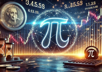 Pi Network PI cryptocurrency with a dramatic financial background. The image features a glowing Pi Network logo