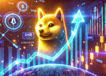 Shiba Inu SHIB cryptocurrency showing a potential rise. The image features a glowing Shiba Inu logo with an upw