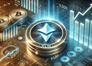 Stellar XLM cryptocurrency price surge. The image features a glowing XLM coin with the official Stellar logo