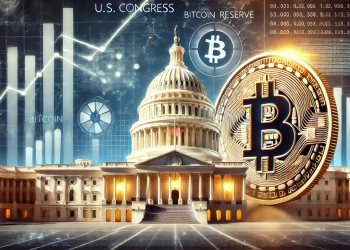 U.S. Congress and Bitcoin integration. The image features a Bitcoin coin prominently displayed in front
