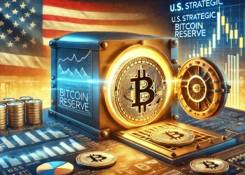 U.S. Strategic Bitcoin Reserve. The scene features a large glowing Bitcoin coin inside a secure vault with an Ameri