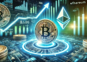 cryptocurrency market rebound. A glowing Bitcoin and Ethereum logo are featured in the center with a financ