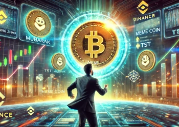 cryptocurrency market scene showcasing Changpeng Zhao CZ making his first meme coin investment. The image features a glowin