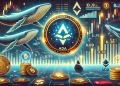 cryptocurrency scene featuring the Cardano ADA coin in a critical breakout scenario. Show ADA glowing in front of a price chart