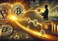 cryptocurrency themed image showing Bitcoin BTC being moved from exchanges to private wallets. Illustrate 10000 BTC sym