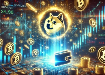 depicting a surge in Dogecoin adoption. The image features a glowing Dogecoin logo surrounded by thousands of floati