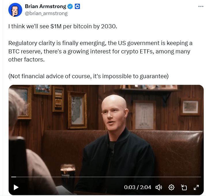 Coinbase CEO Bitcoin Prediction: Could BTC Hit $1 Million by 2030? 5 Coinbase CEO Bitcoin prediction