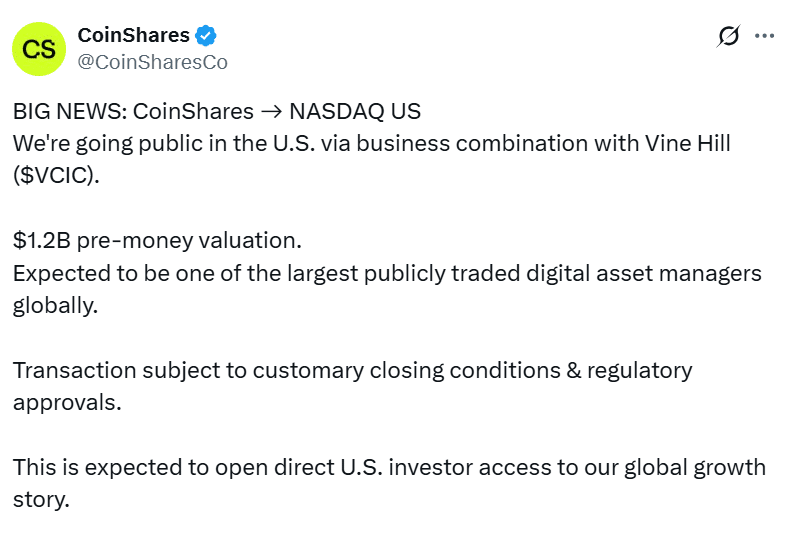 CoinShares Nasdaq listing 