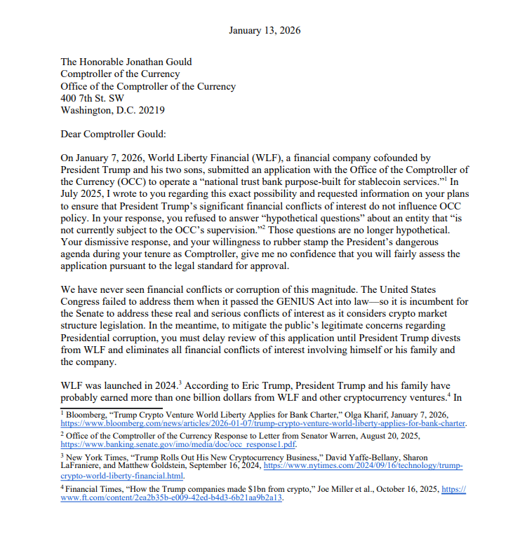 Letter from Senator Warren to OCC