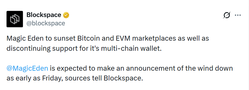 Magic Eden Shutdown: Bitcoin and EVM Marketplaces Closing 6 Magic Eden Shutdown