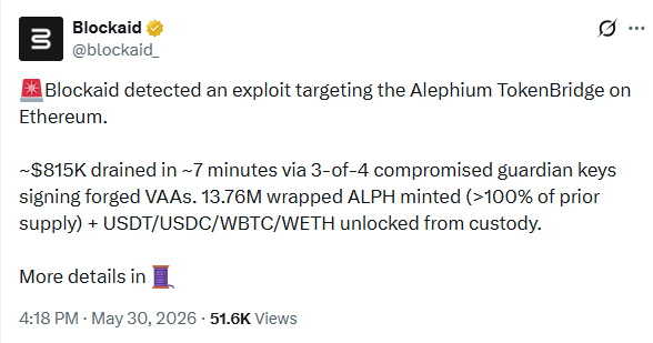 Alephium TokenBridge Exploit Exposes Off-Chain Bridge Risk After $815K Loss 6 Alephium TokenBridge Exploit