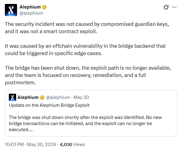 Alephium TokenBridge Exploit Exposes Off-Chain Bridge Risk After $815K Loss 7 Alephium TokenBridge news