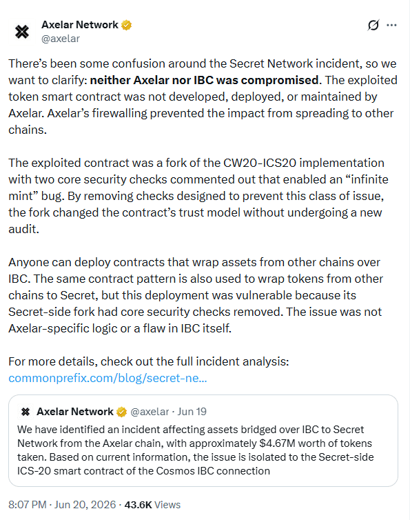 Secret Network Axelar Exploit Drains $4.67M Through Vulnerable Contract 7 Crypto hack news