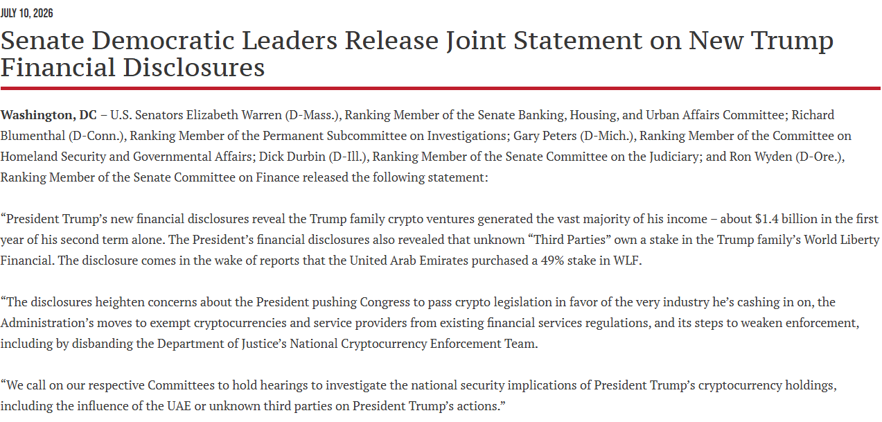 Senate Democrats Seek National Security Review of Trump Crypto Holdings 6 Trump Crypto Holdings