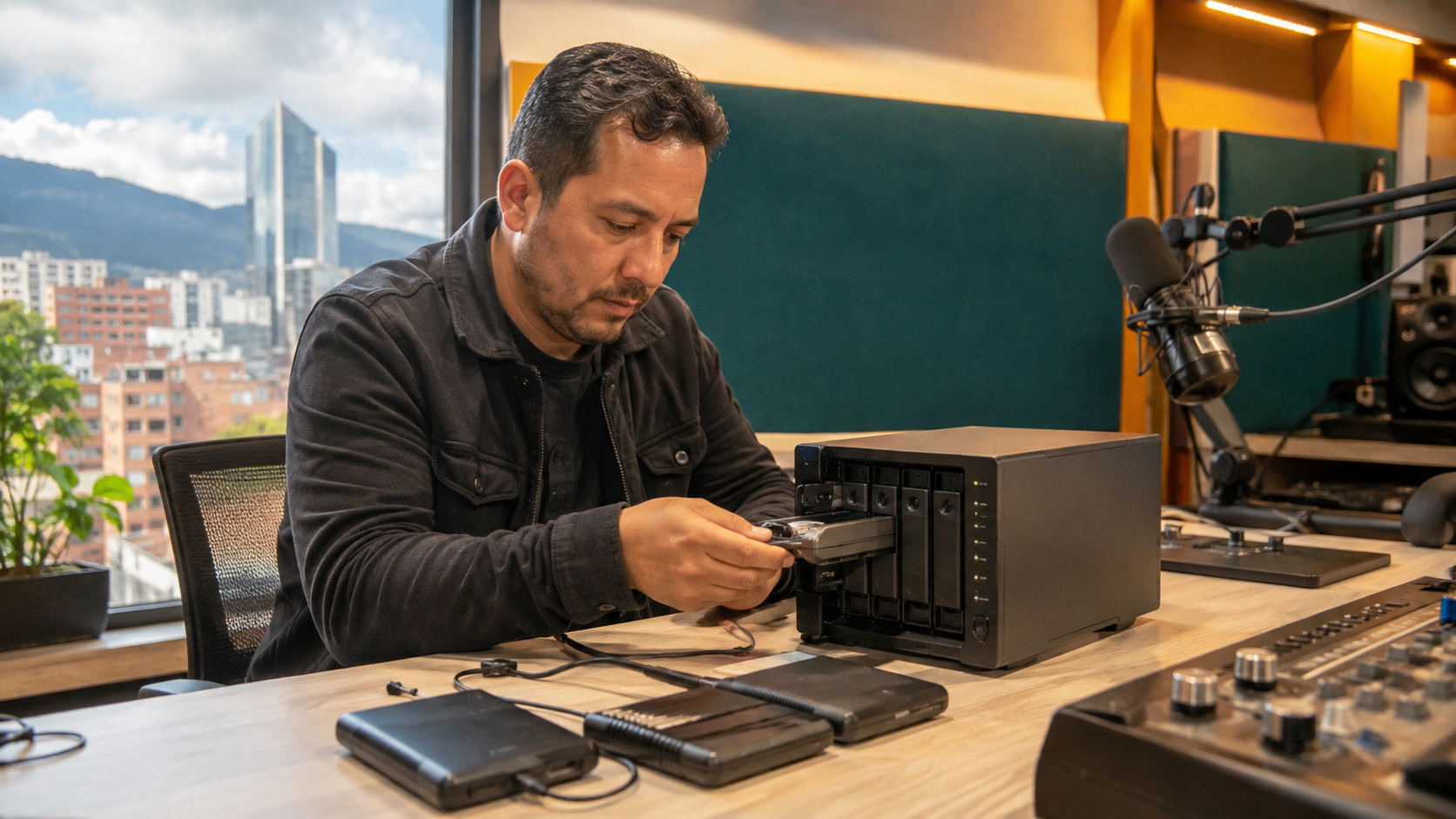 A technician checks storage hardware for a node in a Bogotá studio