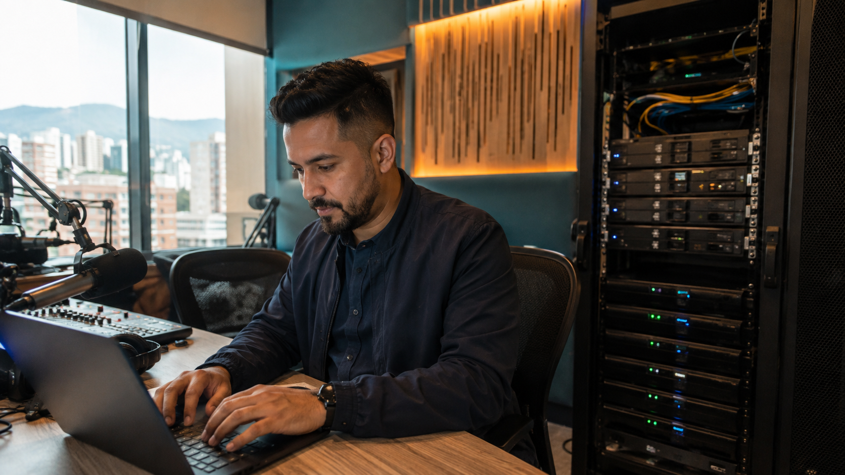 A technician verifies a software download in a Bogotá newsroom